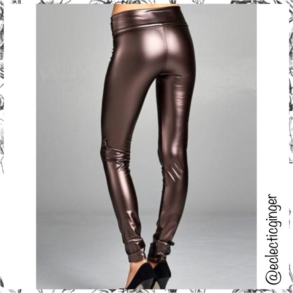 BRONZE brown high waist faux leather leggings S M - Picture 2 of 4